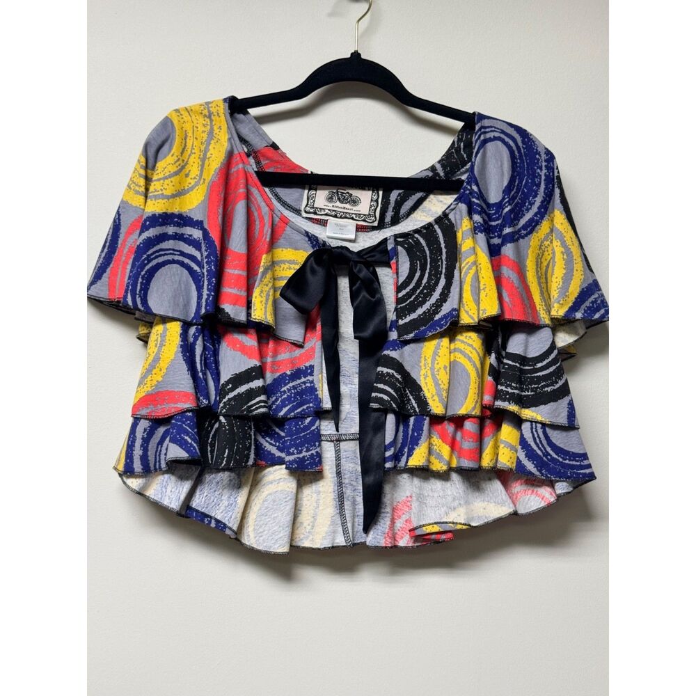 EFFIE'S HEART Geometric Artsy Layered Ruffled Tie Front Bolero Jacket/Blouse